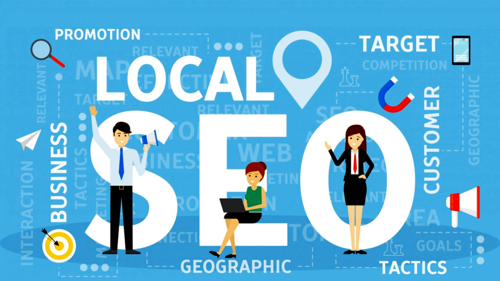 Illustration showing the concept of Local SEO for small businesses, with icons representing business, marketing, customer targeting, and geographic tactics.